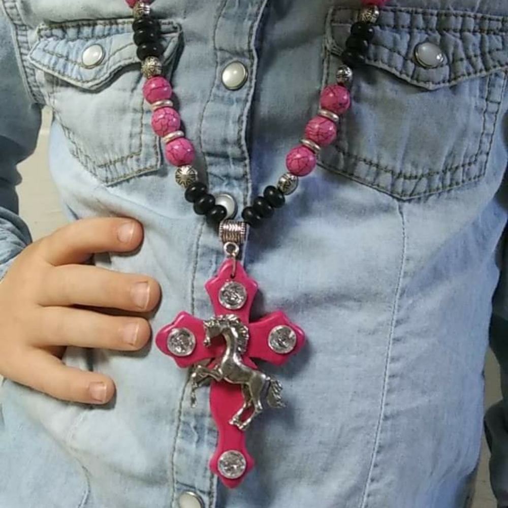 Pink horse cross necklace